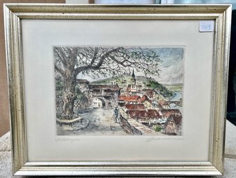 Hand Colored German Village Scene Etching, Pencil Signed