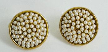 VINTAGE SIGNED MARVELLA GOLD TONE FAUX PEARL DISC SHAPE HINGED SCREWBACK EARRINGS