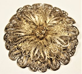 Large Antique .800 Silver Filigree Flower Brooch