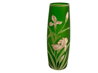 Vibrant Vintage Frosted Green Vase With Hand Painted Irises