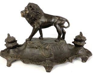 Iron Figural Lion Double Inkwell Stand, Signed A. Bossu,