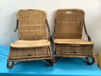 Pair Of Wicker Travel Folding Chairs With Storage