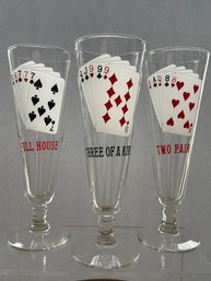 Vtg Set Of 3 Poker Hands Pilsner Glasses GREAT GRAPHICS!!  8-1/4' X 2-3/4'