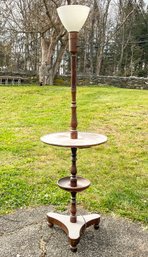 A Vintage Carved Oak Standing Lamp / Side Table Combo With Milk Glass Under Shade