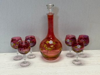 A Set Of Hand Painted Cranberry Decanter &  SIX Wine Glasses