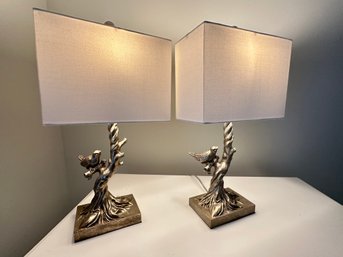 Gilded Bird On Branch Lamps With Square Satin Shades