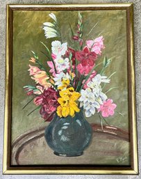 Acrylic On Artist's Board, Flowers In A Vase, Signed E. Koch