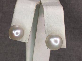 Classic Look ! - Pair Genuine 10mm Cultured Baroque Pearl Earrings With Sterling Silver / 925 Posts - Nice !