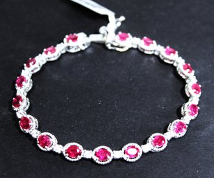 Contemporary Sterling Silver Genuine Ruby Gemstone Link Bracelet 925 7 3/4' Long