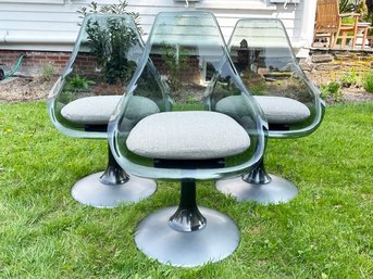 A Trio Of Rare Vintage Modern Smoked Lucite Tulip Based Chairs By Chromecraft