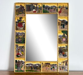 A Vintage Mirror In Painted Glass Frame - South American Scenes