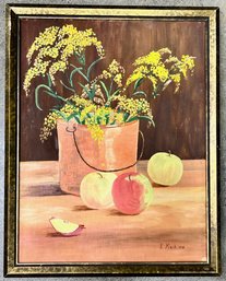 Oil On Artist's Board, Still Life, Goldenrod & Apples, Signed E. Koch
