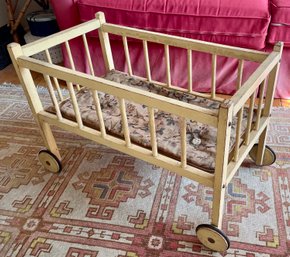 Large Painted Wood Doll's Bed On Wheels - Circa 1930s