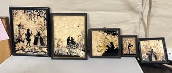 Five Vintage Hand Painted Framed Silhouette With Fried Real Flowers Inside. NN - B4