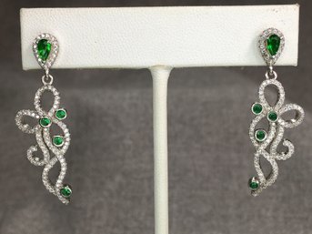 Fabulous Sterling Silver / 925 Earrings - Very Delicate Design - With Sparkling White Topaz & Emerald Earrings