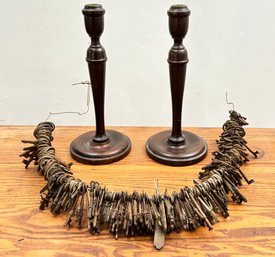 A Huge Collection Of Antique Skeleton Keys (So Convenient To Have!) And Pair Of Turned Mahogany Candlesticks