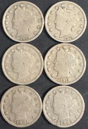 Lot Of 6 V Nickels 1901,1905,1908, 1910, 1911, 1912