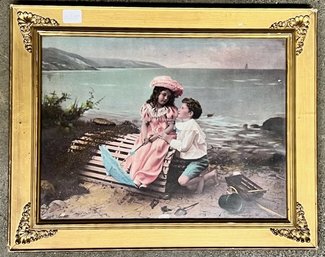 Framed Hand Colored Print, Young Love At The Coast