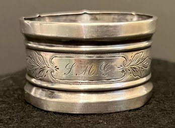Vintage Antique Possibly Sterling Napkin Ring - LMG - Unmarked -decorated With Leaves - 1 H X 1 5/8 Diameter