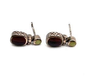 Vintage Sterling Silver Green And Brown Agate Stone Earrings