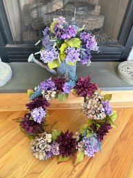 Beautiful Multicolor Home Decor - All Season Flower Wreath & Farmhouse Decorative Watering Can Bouquet