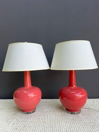 Pair Lucite Based Coral Gourd-Shaped Lamps With Lucite Finials