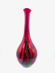 Intriguing Ruby Red Handblown Bottle Form Vase W/ Color Splash Design