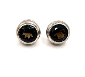 Vintage Sterling Silver Sparkly Brown Stone Round Earrings