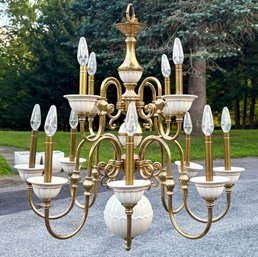 A Large Vintage Brass And Porcelain Chandelier By Lenox