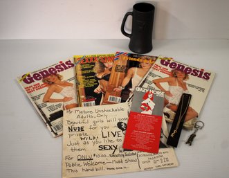 Vintage Adult Lot With Playboy Mug, Chain & Keychain, Magazines And Vintage Adult Advertisements