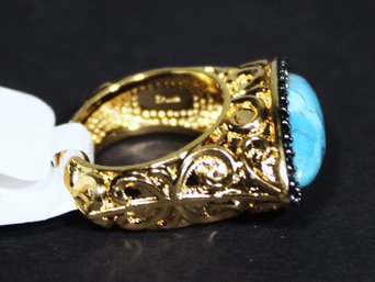 Gold Over Sterling Silver Square Formed Ring Having Turquoise And Sapphires Size 6