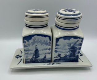 Vintage Blue BLAUW DELFT Hand Painted Porcelain JARS & TRAY Holland 3pc Set