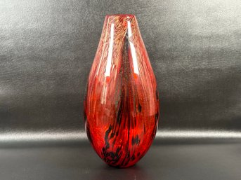 A Stunning Vintage Murano Art Glass Vase In Ruby With Metallic Gold & Black Streaks