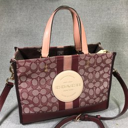 Fabulous COACH Dempsey Model Tote - $428 Retail Price - Signature Jacquard In Wine Handbag With Carryall Strap