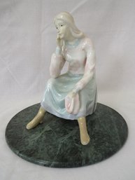 Woman With Suitcases Figurine Mounted On Marble