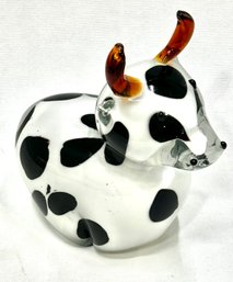 Adorable White And Black Bull Art Glass Paperweight