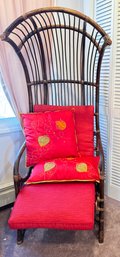 Vintage Rattan Hooded Chair With Red Seat Cushion And Two Pillows - Lot 1