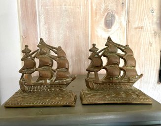 Pair Of Vintage Spanish Galleon Cast Iron Clipper Ship Bookends