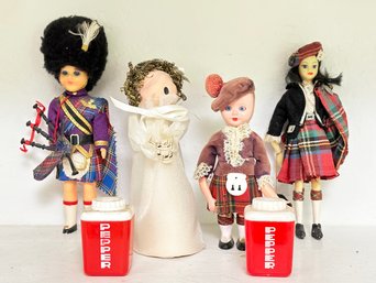 Vintage Dolls And A Pair Of Plastic Salt And Pepper Shakers
