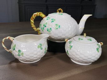 Fantastic BELLEEK Three (3) Piece Tea Set - Teapot - Sugar - Creamer - Shamrock Pattern - Very Nice Set