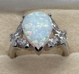 Fine Sterling Silver Ring With Teardrop Opal And Clear Gamestones- Suzanne Somers Collection