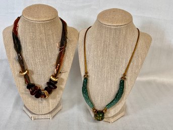 Pair Of Unique Necklaces - Chicos Natural Fiber & Bead And Satin String Chinoiserie Themed