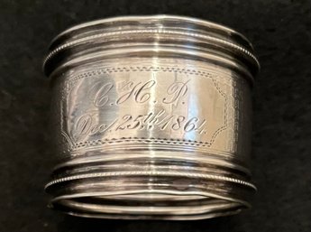 Vintage US Civil War Era Antique Possibly Sterling Napkin Ring - CHP - Christmas 1864 - 1.25 H X 1.75 Diameter