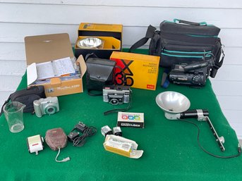 Sony Video 8 Handycam, Kodak Instamatic X-35, Canon Powershot A580, And Accessories