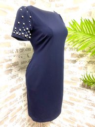 Fantastic Karl Lagerfeld Paris Navy Blue Bodycon Dress W/ Faux Pearl Shoulder Details - Size 2