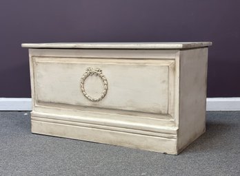 A Fantastic Wooden Trunk, Laurel Wreath Relief, Aged Patina