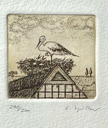 Framed Engraving, Crane Perched On A Roof, Pencil Signed And Numbered
