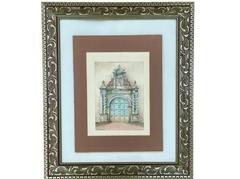 Signed Watercolor Painting Of An Ornate Church Doorway