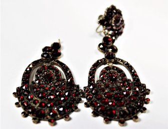 Pair Large Victorian Gilt Silver Bohemian Garnet Earrings (one Missing Top Piece)