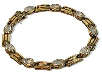 Gold Over Sterling Silver Link Bracelet Having Aqua Stones 8' Long